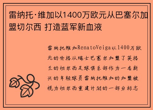 雷纳托·维加以1400万欧元从巴塞尔加盟切尔西 打造蓝军新血液 雷纳托·维加以1400万欧元从巴塞尔加盟切尔西 打造蓝军新血液