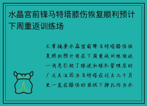 水晶宫前锋马特塔膝伤恢复顺利预计下周重返训练场 水晶宫前锋马特塔膝伤恢复顺利预计下周重返训练场
